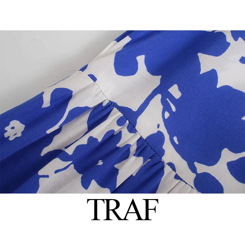 

TRAF Za Women's Clothing Vintage Summer Fashion Print V-neck Ladies Elegant Puff Sleeve Dress Ladies A Line Loose Dress Ladies