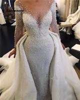 luxury full pearl beaded mermaid wedding dresses with detachable train vintage long sleeves saudi arabic plus size bridal gown