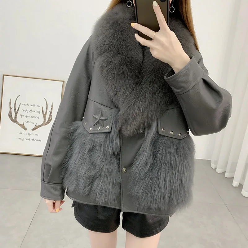 Women Fashion Winter Natural Sheepskin Overcoat Real Fox Fur Patchwork Woolen Thick Female Jacket 2021 Grey Brown Luxury Clothes enlarge