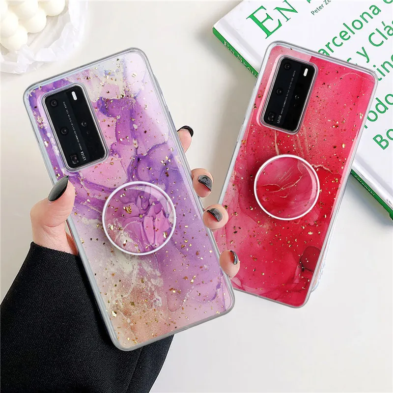 gilt phone case with fold holder covers for huawei p40 lite 4g p30 pro mate 30 20 nova 7 6 se 4e p40pro plus marble protector free global shipping