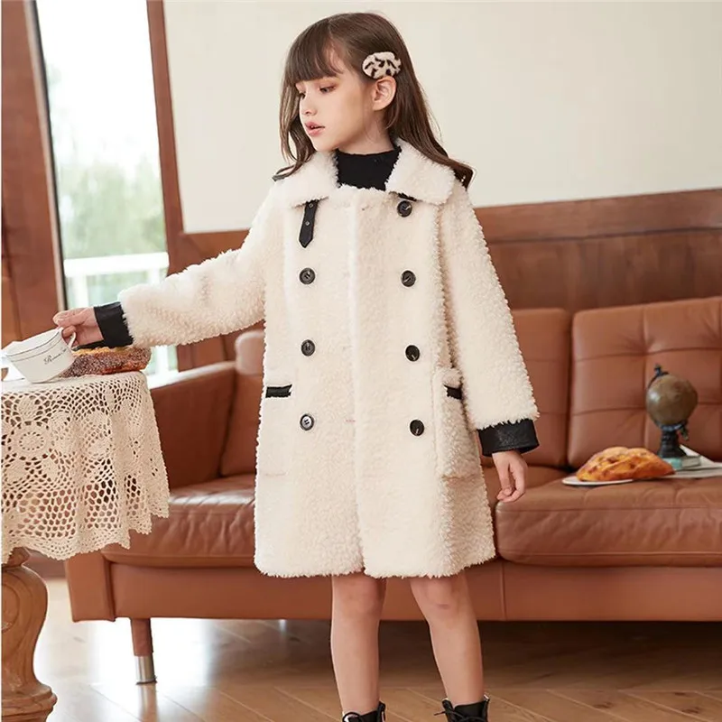 

New Spring Winter Girl Coat Buttons Long Mid-Length Jackets Warm Fur Thicken Clothing Kids Teenage Fashion Lapel Tops Beige Red