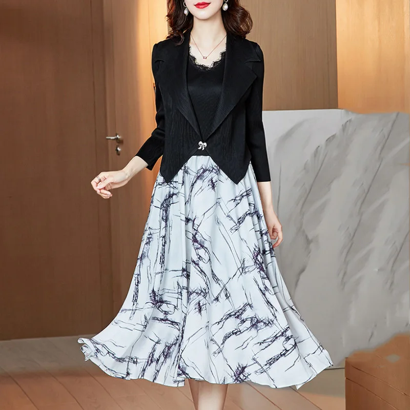 

LANMREM Women Multi Big Size Plrinted Pleated Dress New V-collar Long Sleeve Loose Fit Fashion Tide Spring Autumn 2021 2E1445