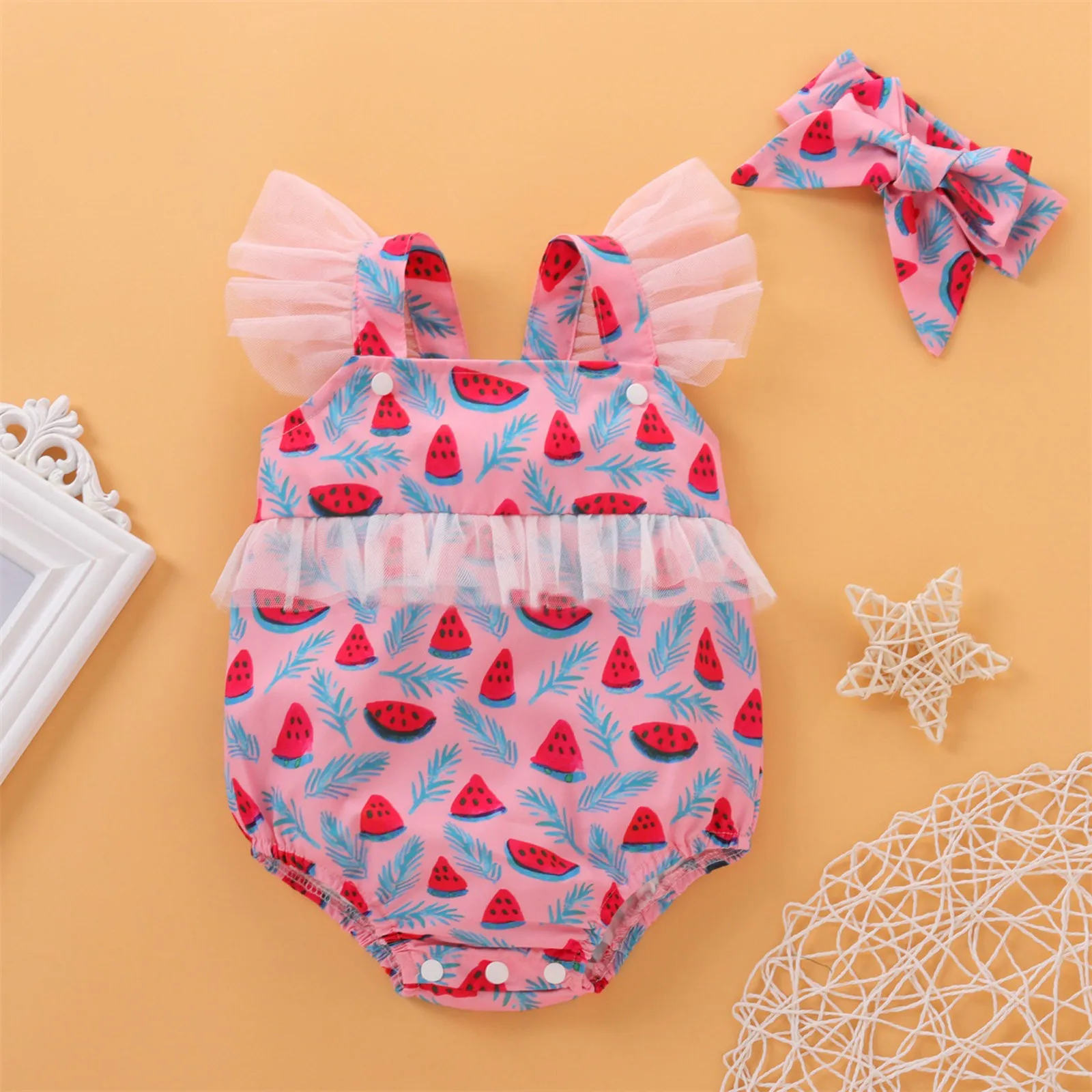 

Infant Baby Girls Watermelon Printing Ruffles Romper Bodysuit+Hairband Outfits Newborn Baby Rompers For Baby Girls Jumpsuit