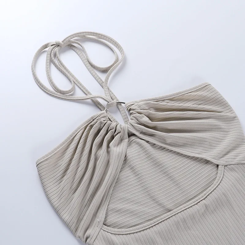 

Vacation Hollow Out Off The Shoulder Halter Dress Fashion High Side Split Sleeveless Backless Summer RibLong Prom Dresses 2021
