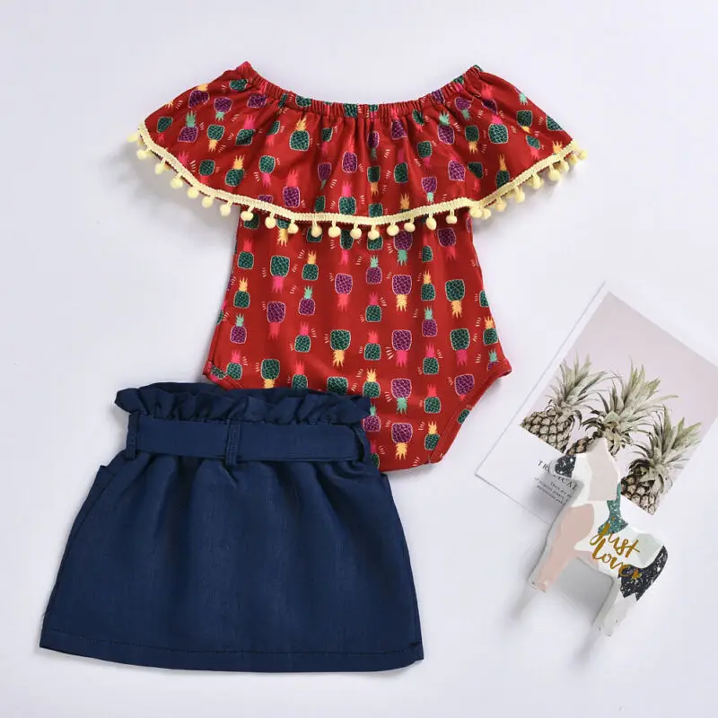 

AU Infant Baby Girl Pineapple Print Tassel Tops Romper Denim Skirt Dress Clothes