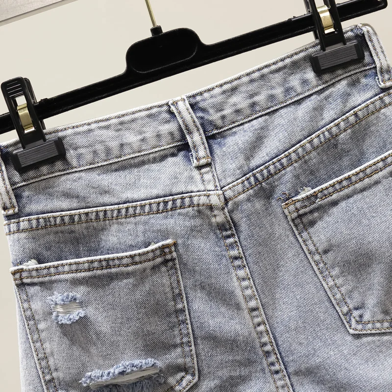 

Women Plus-Size Shorts Loose High Waist A-line Jeans Short Korean Style Vintage Solid Hole Streetwear Chic Female Denim Shorts