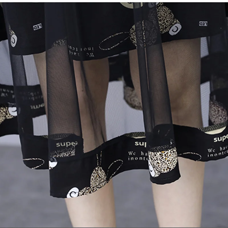 

Summer Dresses 2021 Plus Size Women Clothing Mesh Short Sleeve Oversized Robe FakeTwo Piece Splicing Letter Printing Black Dress