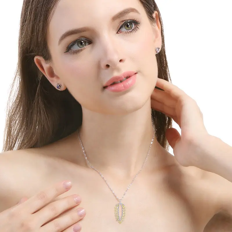 

Jazaz Luxury S925 Silver Yellow AAA CZ leaf Pendant Necklaces women Elegant 16" box Chain Wedding Engagement party jewelry B0865