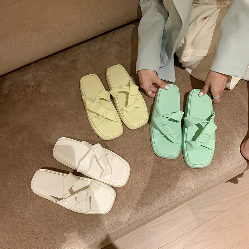 

Meotina Slippers Shoes Women Flat Sandals Pleated Slides Square Toe Ladies Footwear Summer Green Yellow 40 Comfortable Shoes
