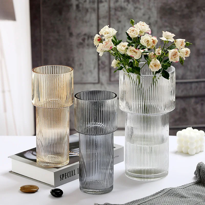 

Vertical Pattern Torch Glass Vase Transparent Living Room Home Decoration Vase Flower Arrangement Hydroponic Geometric Vase