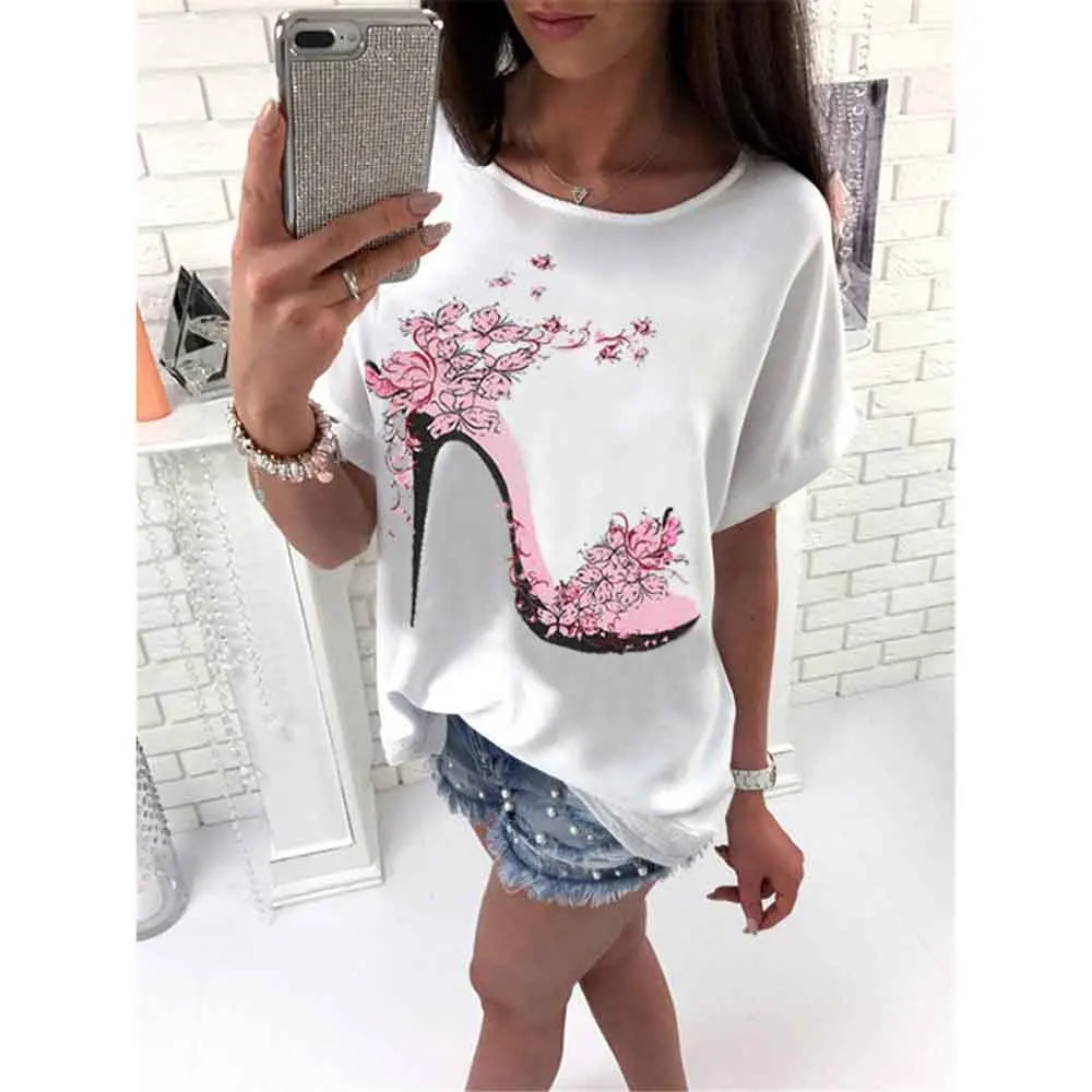 Футболка с принтом на высоком каблуке Повседневная Свободная футболка для