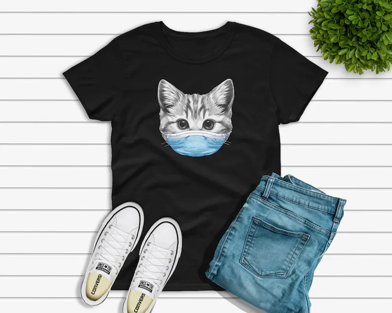 

Cat Wearing Face Mask Shirt, Kitten Gift, Social Distancing T-shirt,Oversized T-shirt For Men