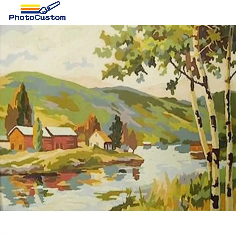 

PhotoCustom Landscape Paint By Numbers River House Acrylic Zero basis on Canvas Coloring By Numbers 40*50cm Arts Gift Home Decor
