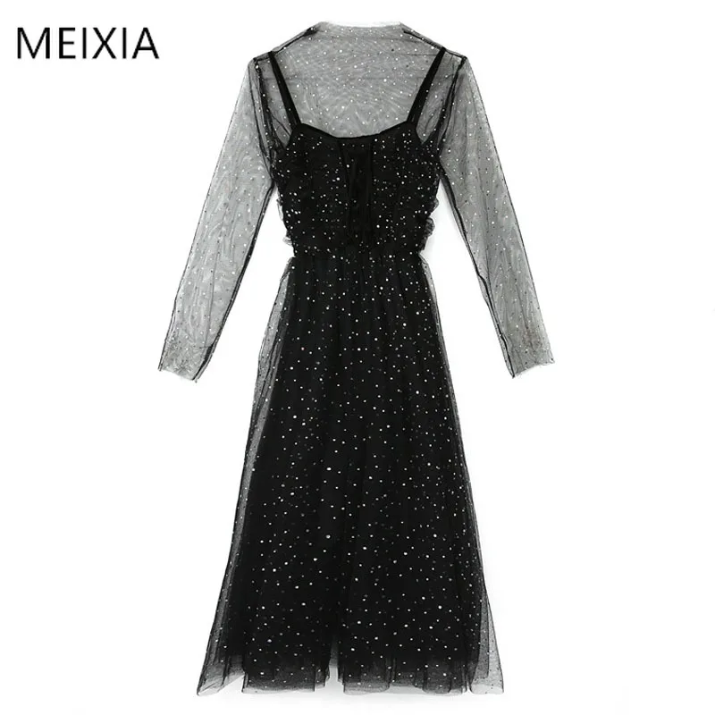 

spring summer hot gold mesh T-shirt dress French style ladies strap dress two-piece mesh dress female beach party dress