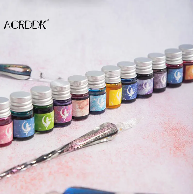 

Crystal Starry Sky Glass Pen and Ink Set Glass Dip Pen Fountain Pen Inks for Writing Drawing Office School Supplies DF