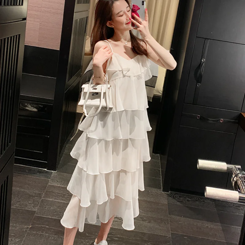 

Bohemian Summer Thin Lotus Dress Sweet Belly Chiffon Cake Skirt A-Line Cascading Ruffles Dress Boho Bandage Dresses Vestido 2021