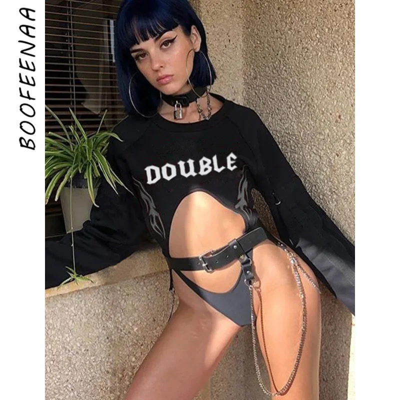 BOOFEENAA светоотражающий Черный Принт с буквами Открытое боди длинным рукавом для