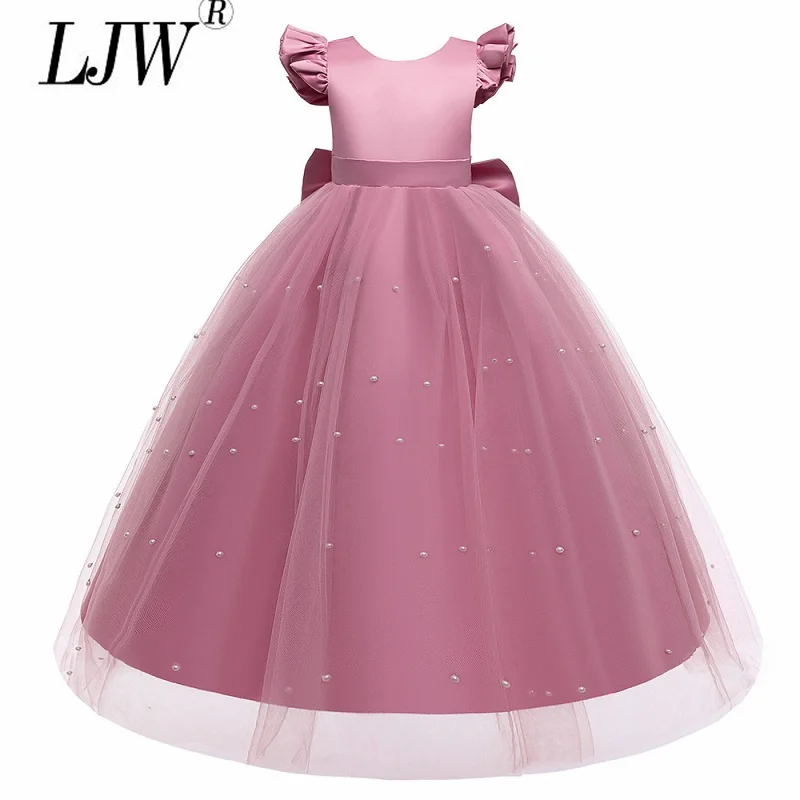 

2022 new net yarn bowknot flying sleeve children's dress dress foreign style catwalk long wedding dress 4-14 years old