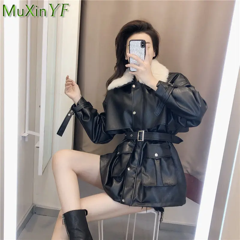2021 Winter Women's PU Leather Jacket Warm Thick Graceful Fur Coat with Waistband Lady Fashion Moto&Biker Style Black Outerwear enlarge