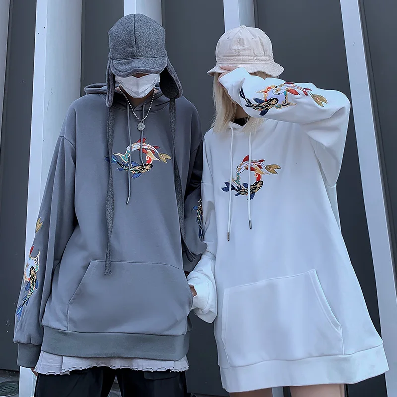 Мужская толстовка с капюшоном в стиле хип-хоп вышивкой Lucky Koi Fish Harajuku уличная