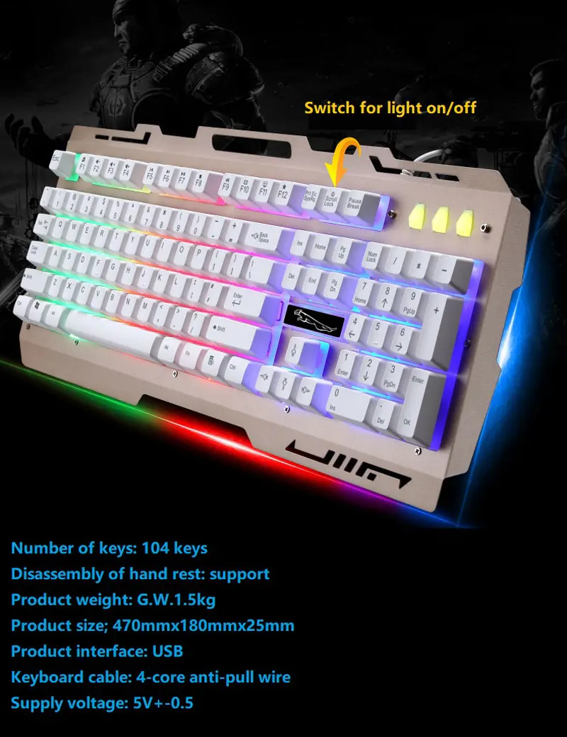 Игровая клавиатура 104 клавиши RGB подсветка USB металлическая механическая с