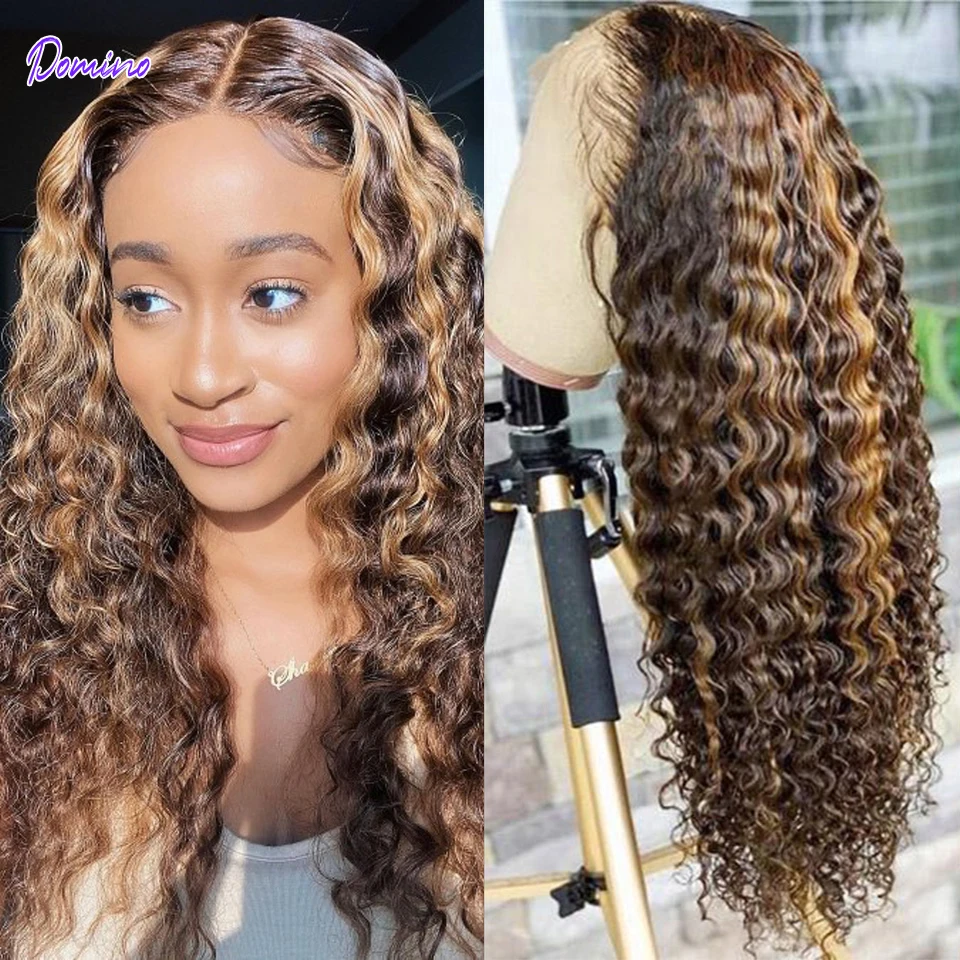 Domino Highlight Deep Wave T-part Lace Front Wigs P4/27  T Part Frontal Wigs for Women  Human Hair 180 Density Hair