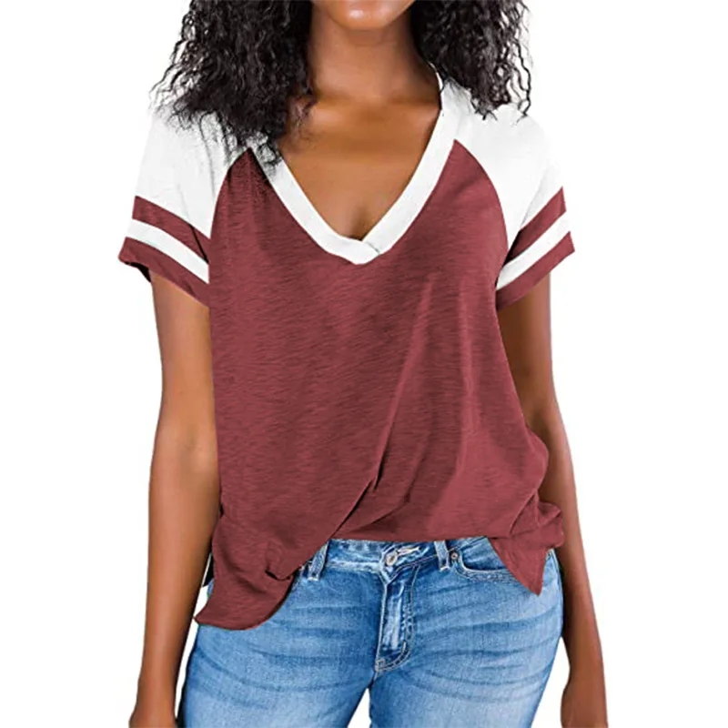 

Women Summer V-neck Tops Short Sleeve Stripe Patchwork Tshirts 2021 Casual Clothing Simple Basic Tees T Shirt Camisetas De Mujer