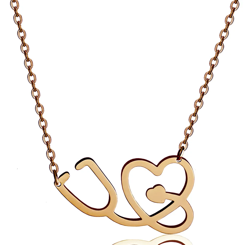 

Stethoscope Heart Pendant Women Necklace Stainless Steel Gold Polished Temperament Ladies Elegant Chain Exquisite Gift Jewelry
