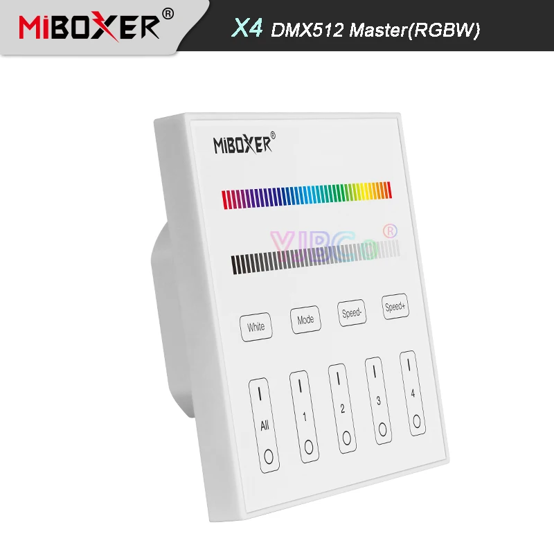 

Miboxer RGBW 4-Zone Touch Panel Controller X4 DMX512 Master AC100~240V DMX512 + 2.4G Wireless Tempered Glass Wall Switch Remote