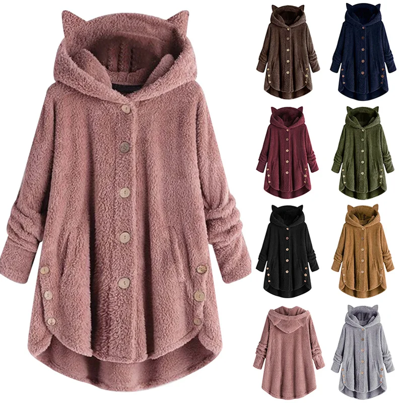 Женское зимнее пальто с капюшоном на пуговицах свободные толстовки размера плюс