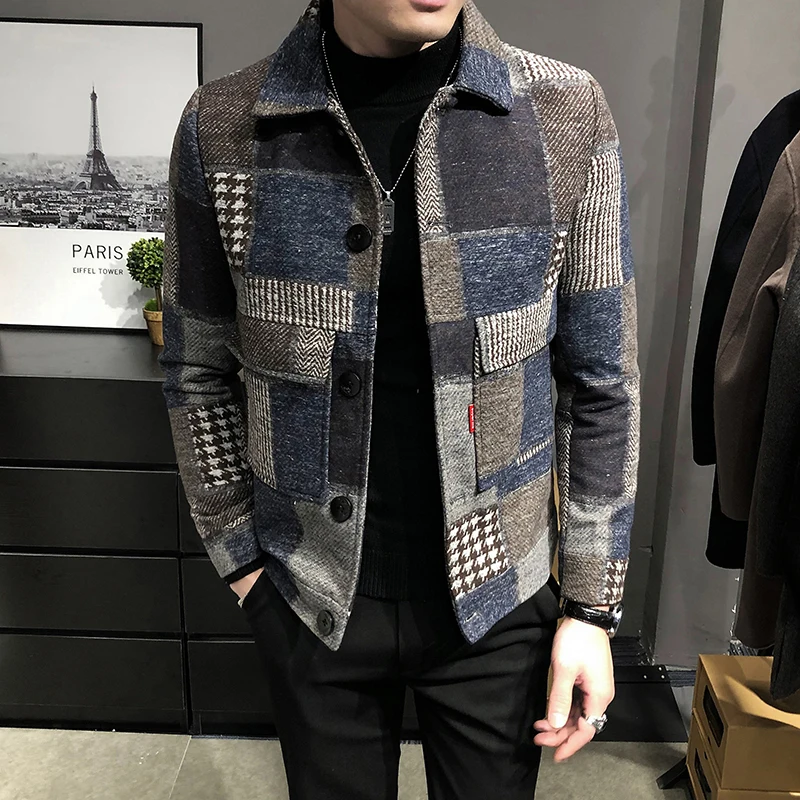 

FAKUNTN 2021 Autumn And Winter Fashion New Men's Casual Lapel Hoodless Jacket / Male Slim Plaid Woolen Coat