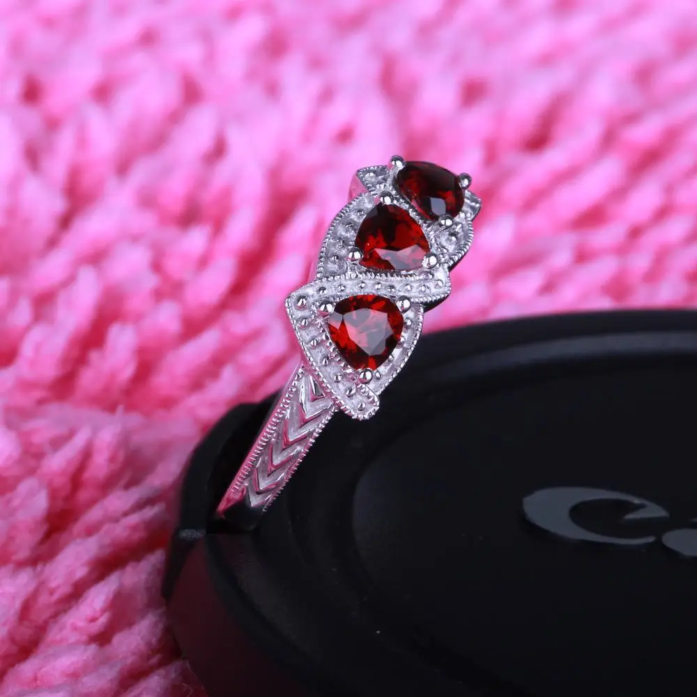 

HELON Solid 10K White Gold Trillion Cut 4mm Genuine Natural Garnet Engagement Wedding Ring Women Vintage Art Deco Fine Jewelry