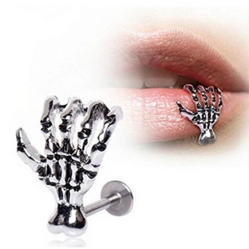 Gothic Punk Skull Hand Shape Devil Kylie Lip Ring Ear Piercing Jewelry Skeleton Plam Stud Accessories | Красота и здоровье
