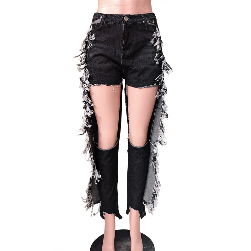 

Denimcolab Fashion Large Holes High Waist Jeans Pants Women Elastic With Tassel Ripped Pencil Pants Lady Streetwear Skinny Jeans