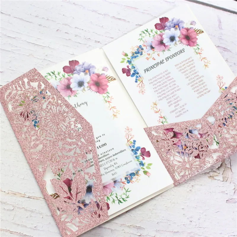 Блестящие открытки-приглашения синие красные розовые фуксия золотые Цветочные