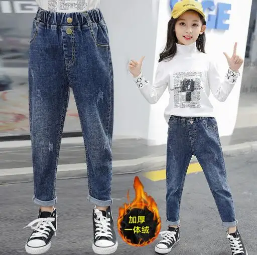 

Autumn Winter Girls Thick Warm Fleece Jeans Button Straight Pants for Teenage Kids Casual Children Denim Trousers