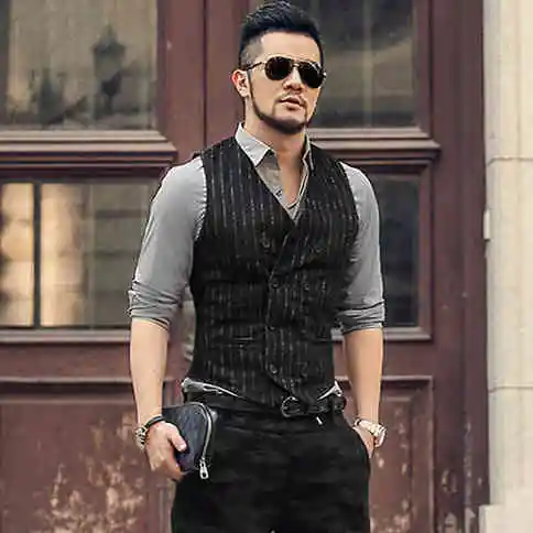 Мужской осенний Черный Полосатый новый тонкий повседневный костюм жилет деловой