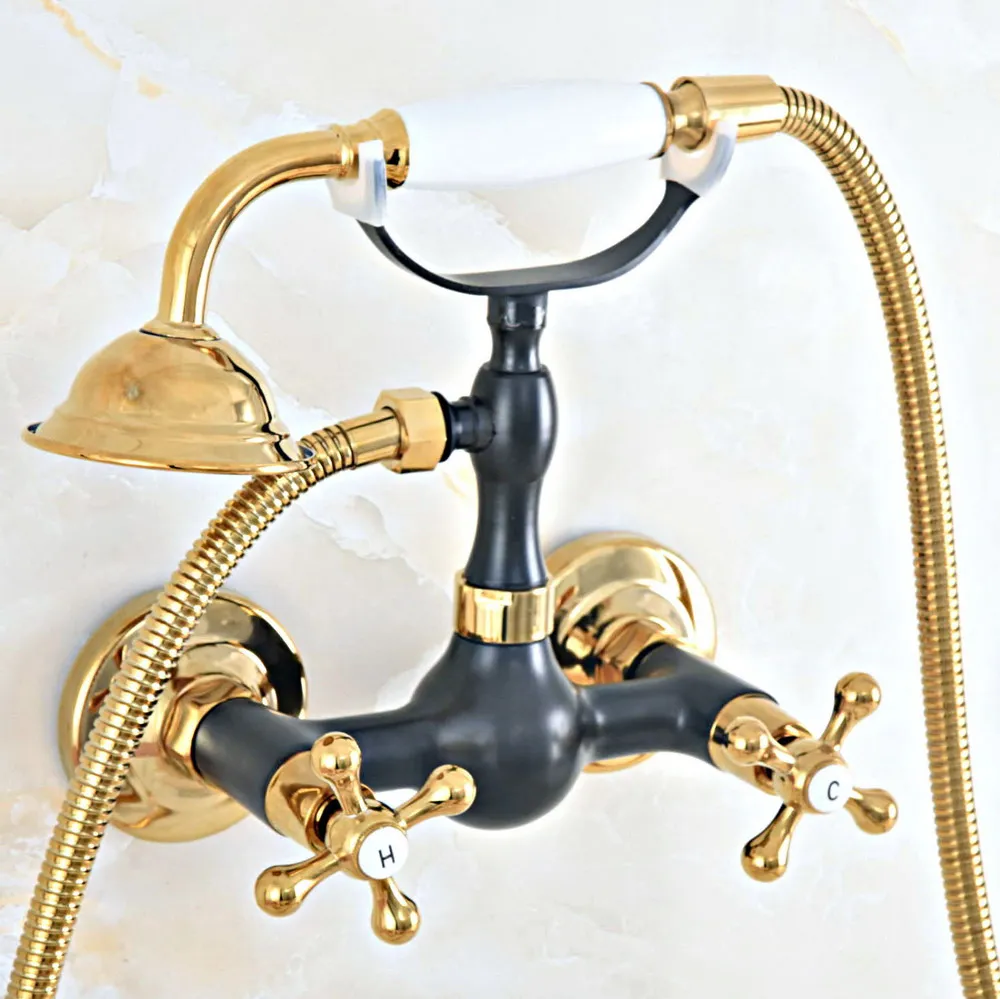 

Настенный смеситель для ванны с черным масляным покрытием и полированным золотым латунным покрытием, со шлангом диаметром 150 см, смеситель ...