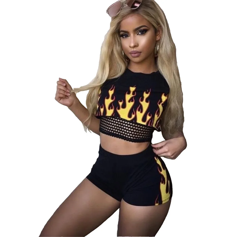 

Women's Mesh Print Sports Top And Shorts Suit