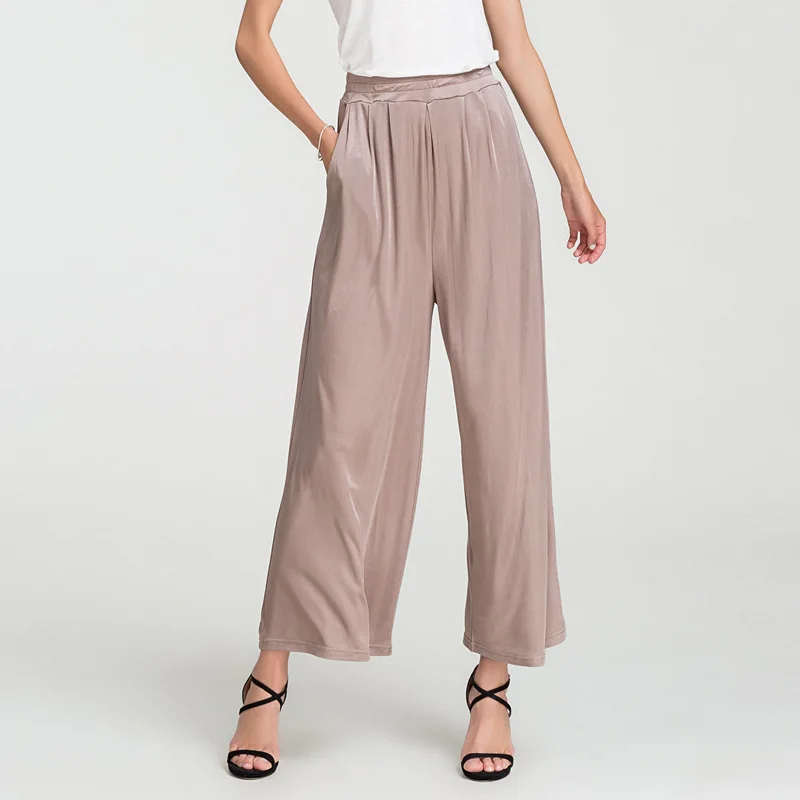 Women New 100%Real Silk Wide-legged Pants Women's Straight Pants SI0043