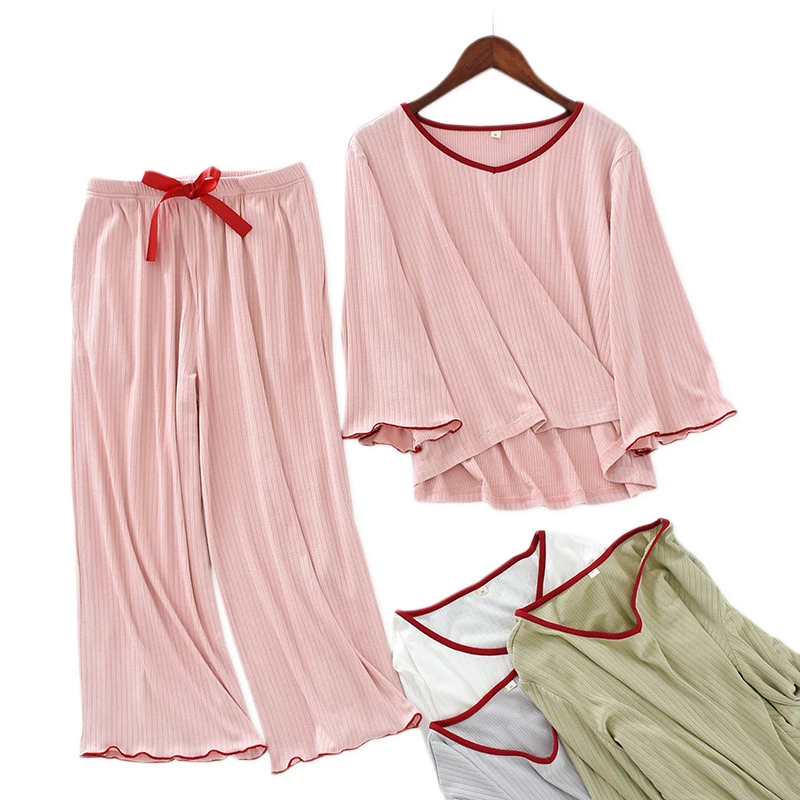 

Женские трикотажные хлопковые Пижамные комплекты размера плюс, новые осенние штаны с укороченными рукавами, качественная Пижама для женщи...