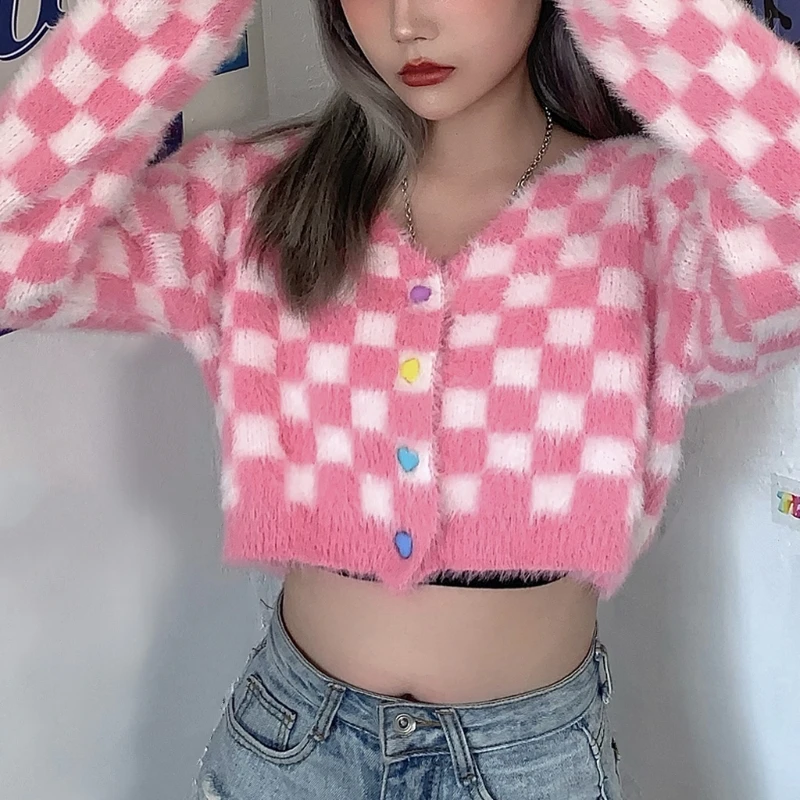 

Women Long Sleeve Furry Knitted Cropped Cardigan Pink Plaid Buttons Sweater Coat M5TE