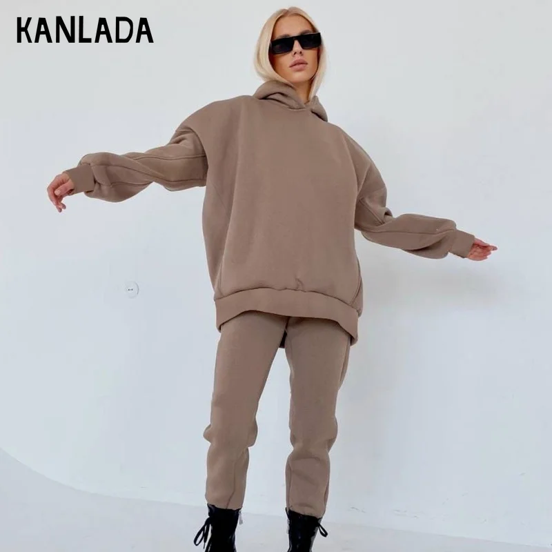 

2021 Autumn New Women's Fashion Casual Loose Solid Color Hoodie Pants Sports Suit Two-piece Set