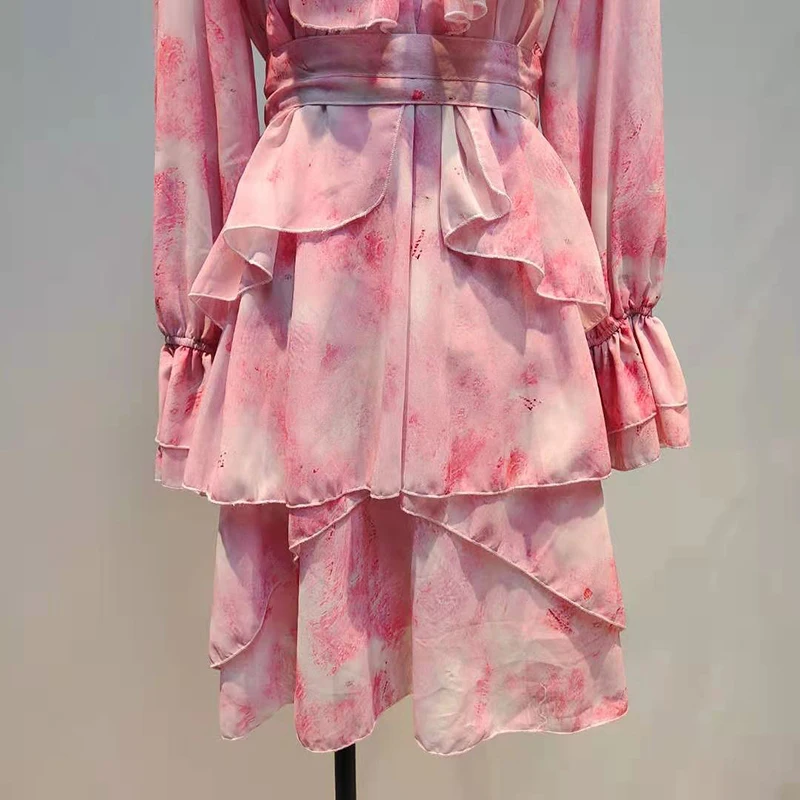 

TWOTWINSTYLE Print Tie Dye Dress For Women V Neck Flare Long Sleeve High Waist Patchwork Ruffle Mini Dresses Female Spring New