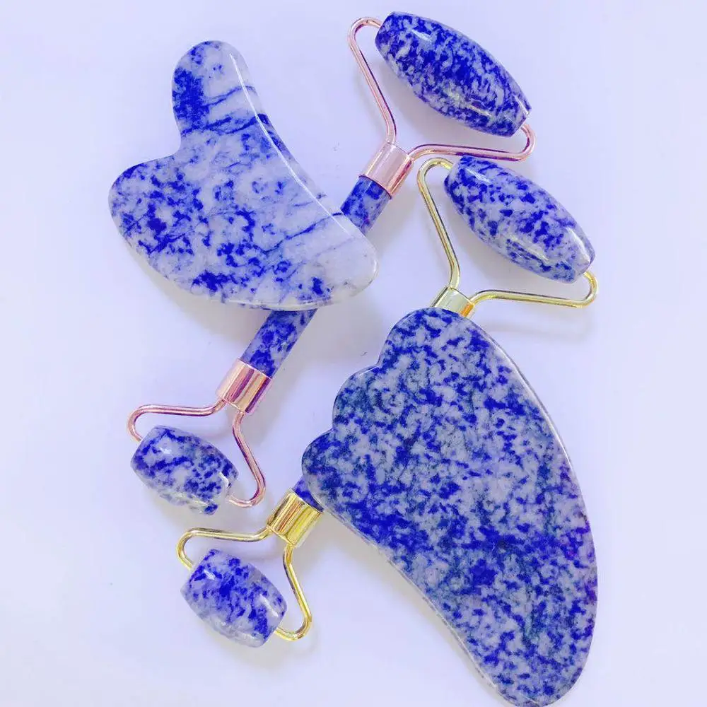 Оригинальный камень голубой Sodalite ролик для лица Gua Sha набор натуральный нефрит
