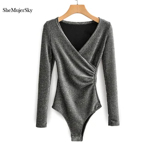Женское блестящее боди SheMujerSky с длинным рукавом, однотонное облегающее эластичное боди с V-образным вырезом, комбинезоны 2019, женские комбинезоны