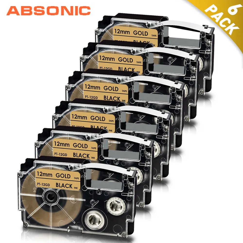 Absonic 6PK черный на золоте для Casio XR-12GD 12 мм лента маркировки картридж XR12GD XR 12GD