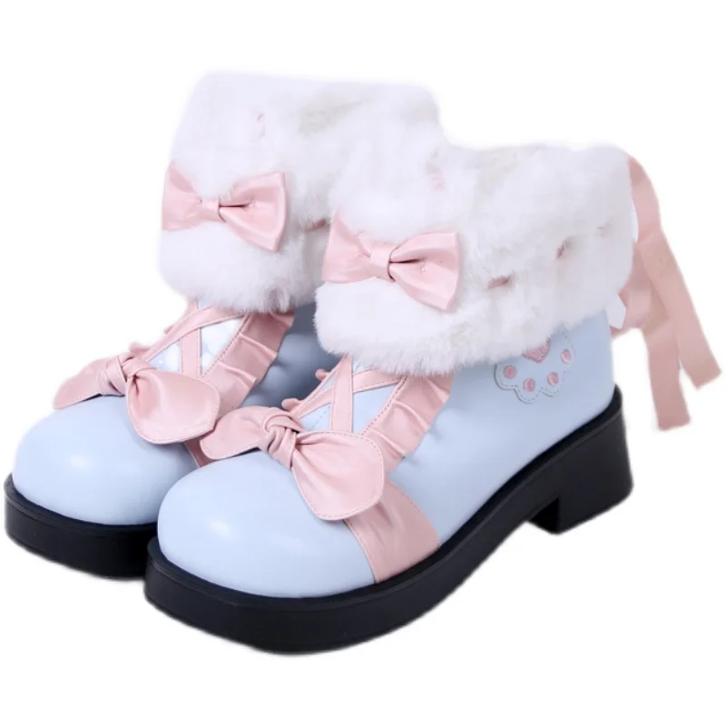 

Womens Round Toe Fur Ankle Boots Bowknot Lolita Platform Block Heel Shoes Warm Winter Sweet X-mas Girls Match Colors NEW 2022