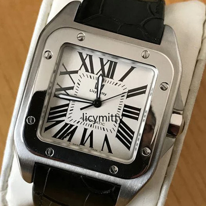 

New Mens Watch Automatic Mechanical Sapphire Square Dial Stainless Steel Silver Gold Bezel Black Leather Strap Men Wristwatches