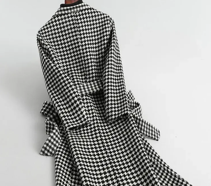 

Women Long Plaid Woolen Coat 2020 New Arrivals Houndstooth Waistband Coats